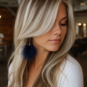 Navy Blue Feather Statement Earrings Drop Dangle Lightweight Fluffy Boho Trendy